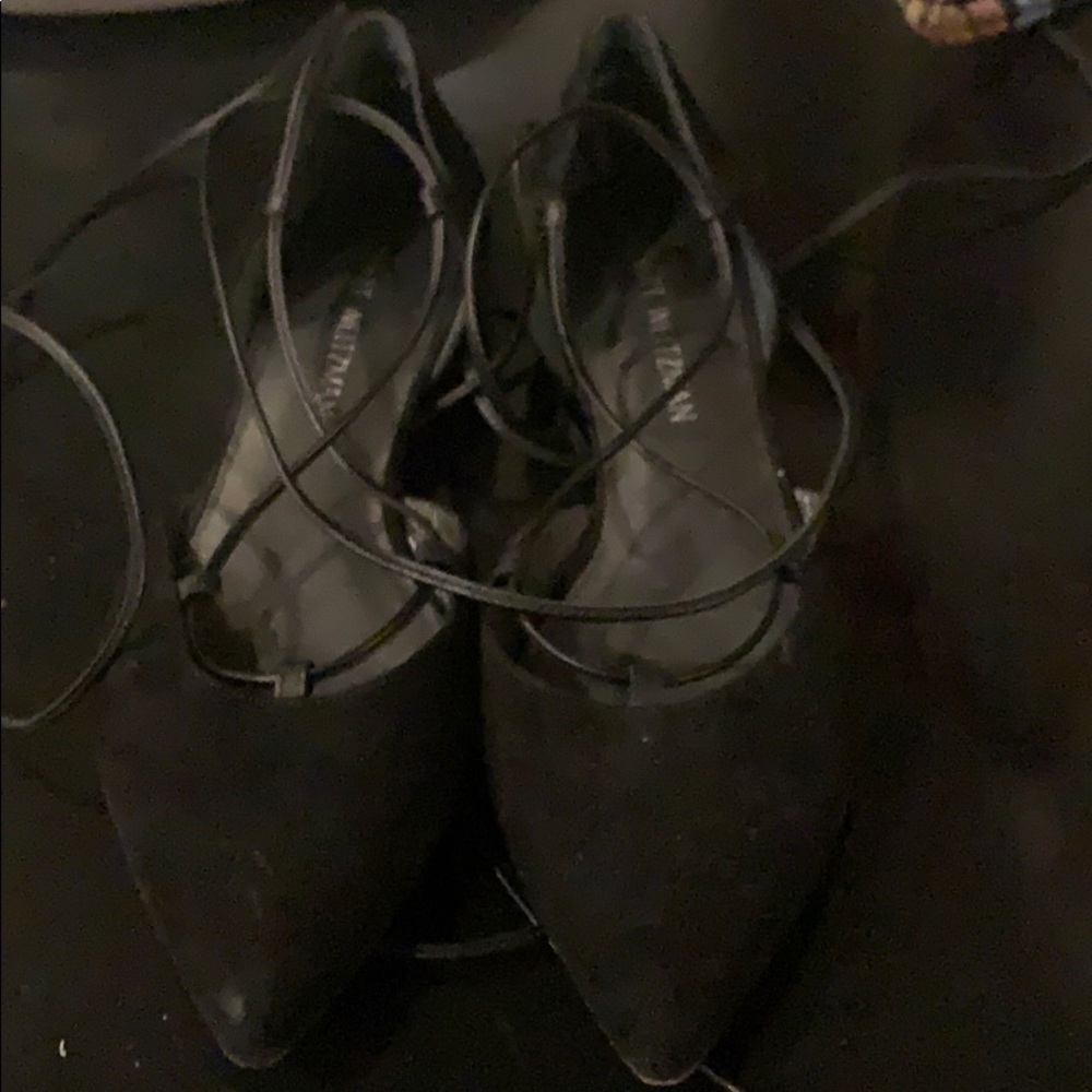 Stuart Weitzman black pointed toe lace up flats